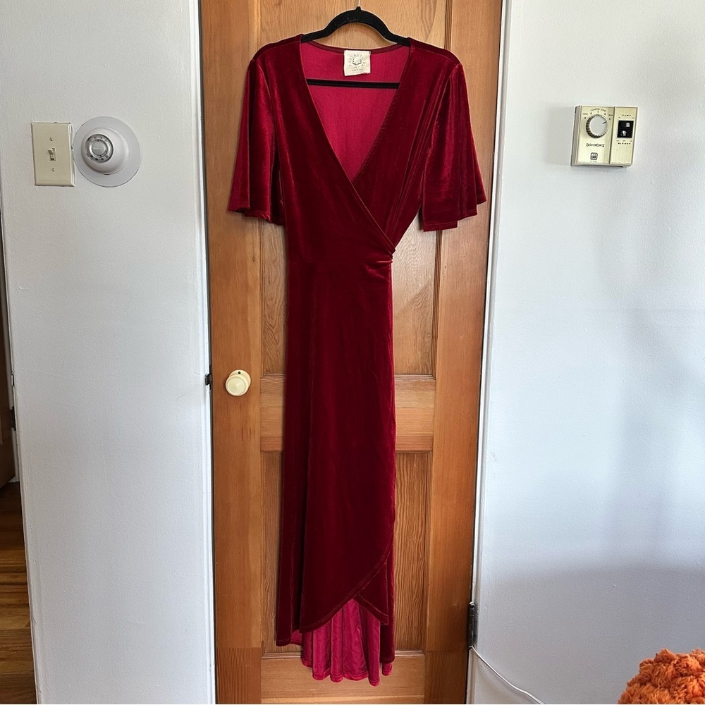 fantastic fawn red velour flutter sleeve maxi wrap dress